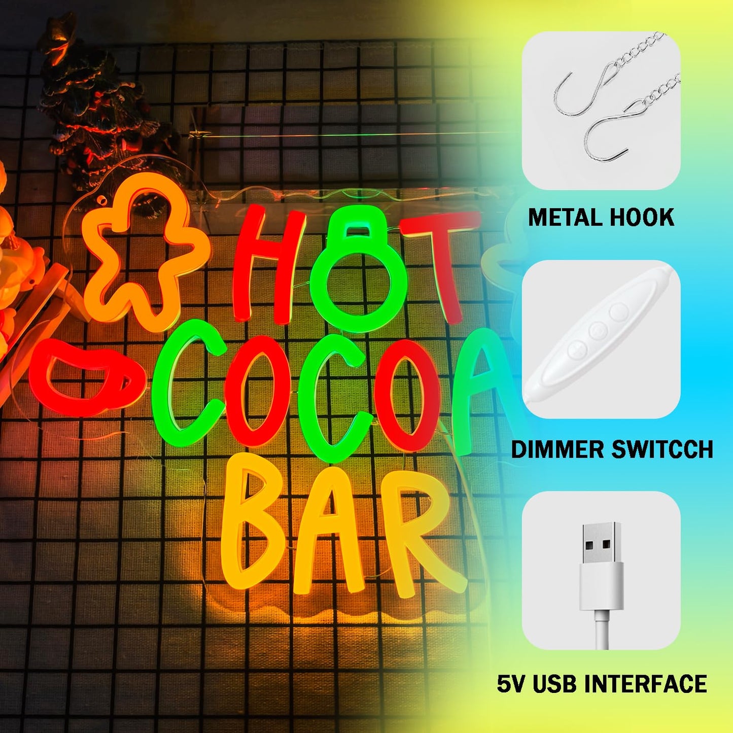 Hot Cocoa Bar Neon Sign for Wall Decor Christmas Neon Sign Dimmable Christmas Neon Light Sign for Holiday Party Home Bar