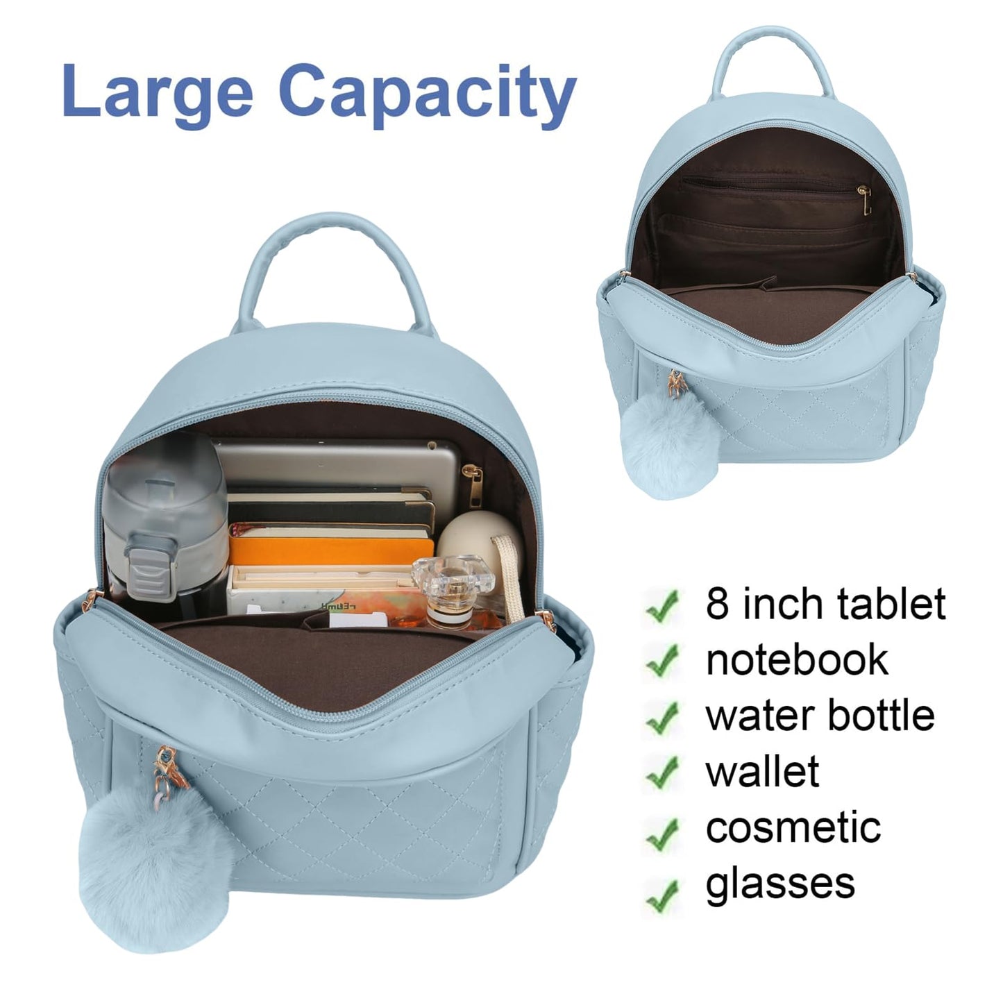 Girls Fashion Mini Backpack Purse Small Cute Plaid Leather Women Backpacks Little Bag, Mint Blue