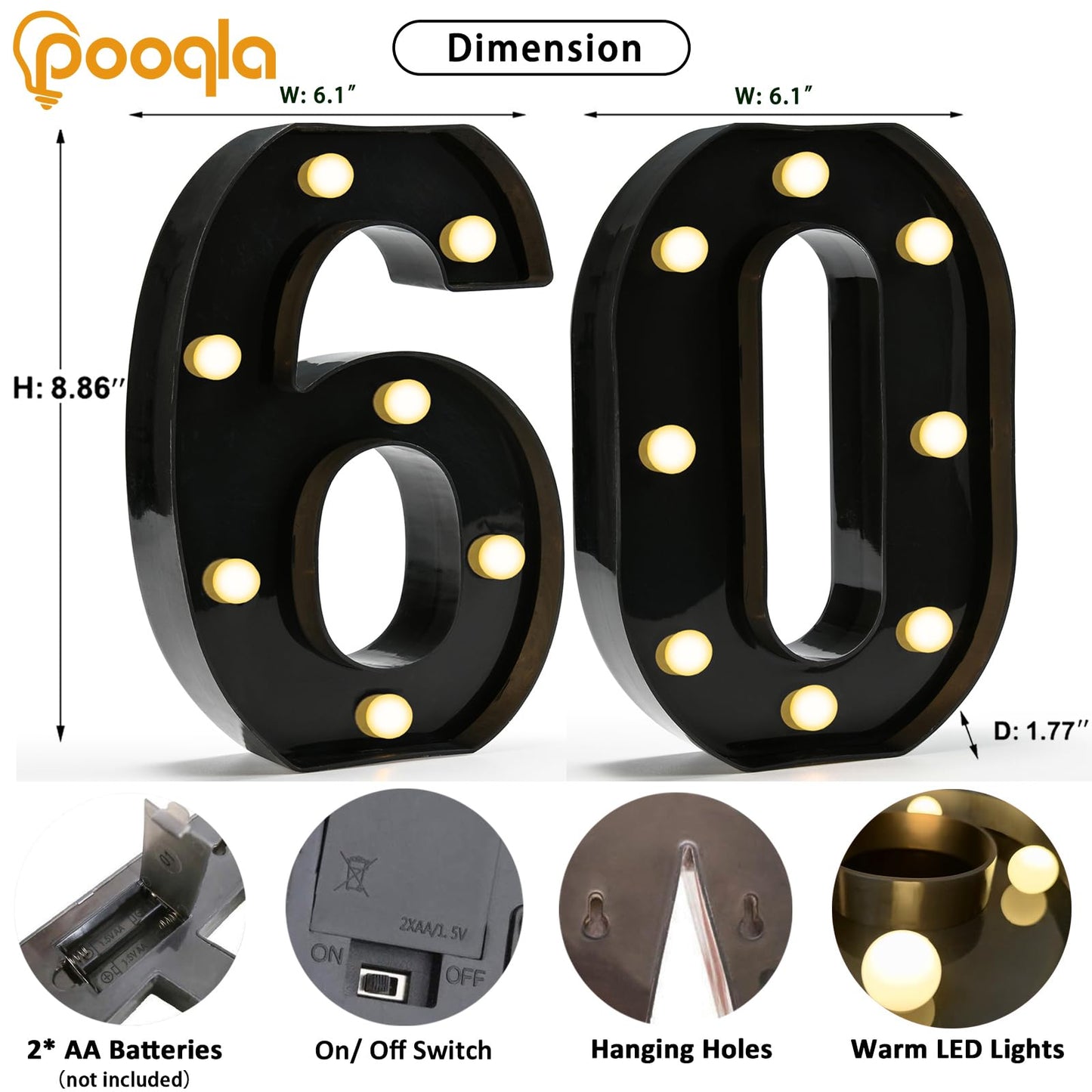 Pooqla Decorative Led Light Up Number Letters, Black Plastic Marquee Number Lights Sign for 60th Birthday Party Wedding Decor Battery Operated Black Decoration 60