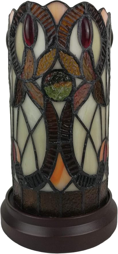 Tiffany Style Table Lamp Banker Brown Yellow Floral Stained Glass Bedside Vintage Antique Night Stand 10.5" Tall 5" Wide Handmade Gift AM337TL05 Amora Lighting