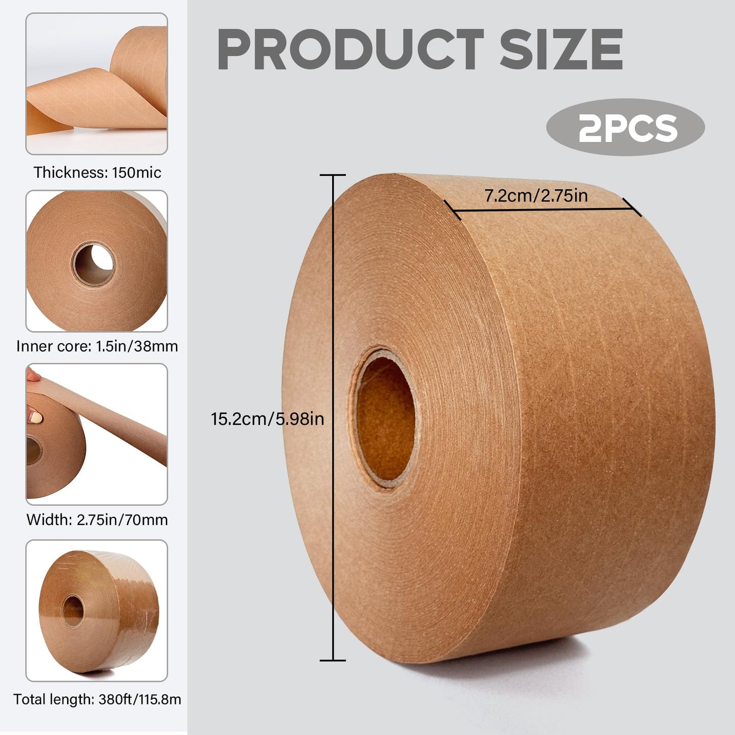sanian Fiberglass Reinforced Water Activated Gummed Kraft Paper Tape, Each roll 2.75 inch x 380 ft, Total 760ft,for Heavy Duty Secure Packing 2-Pack