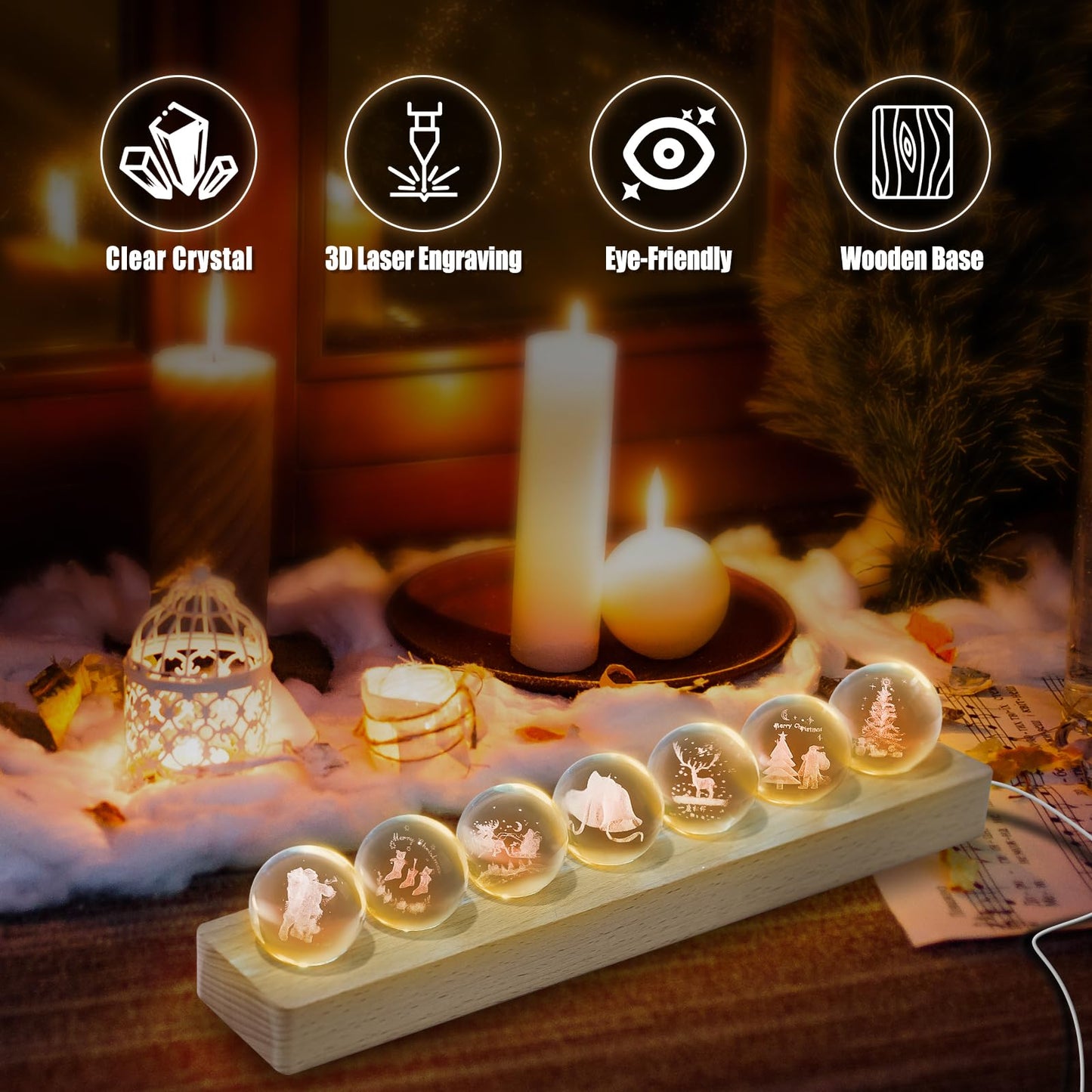 JOJOCY Christmas Glass Crystal Ball Light with Wooden Base, USB-Powered Colorful LED Night Lamp with 7 Christmas Tree Santa Claus and Elk Patterns for New Year's Gift