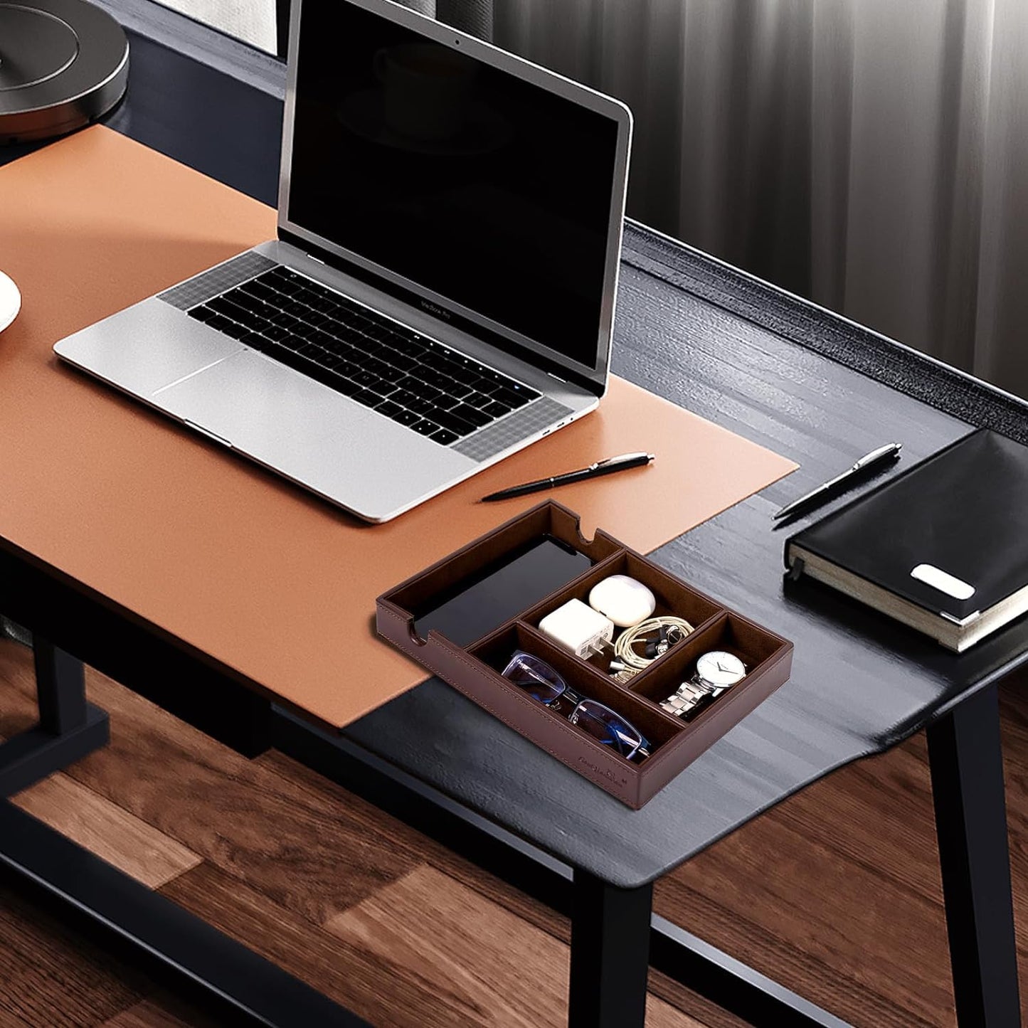 Mens Valet Tray for Nightstand Bedside and Entry Table Faux Leather Catchall Tray for Phone,Watch,Glasses,Wallet,Jewelry and Keys Dresser Organizer Valet Charging Station Gifts for Dad (All Brown)