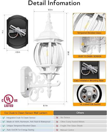 VIANIS Outdoor Wall Sconce, White Dusk to Dawn Outdoor Lighting Wall Mounted, 100% Aluminum Waterproof Exterior Front Porch Light Fixture for House, Modern Outside Lantern Lights for Garage Lamp