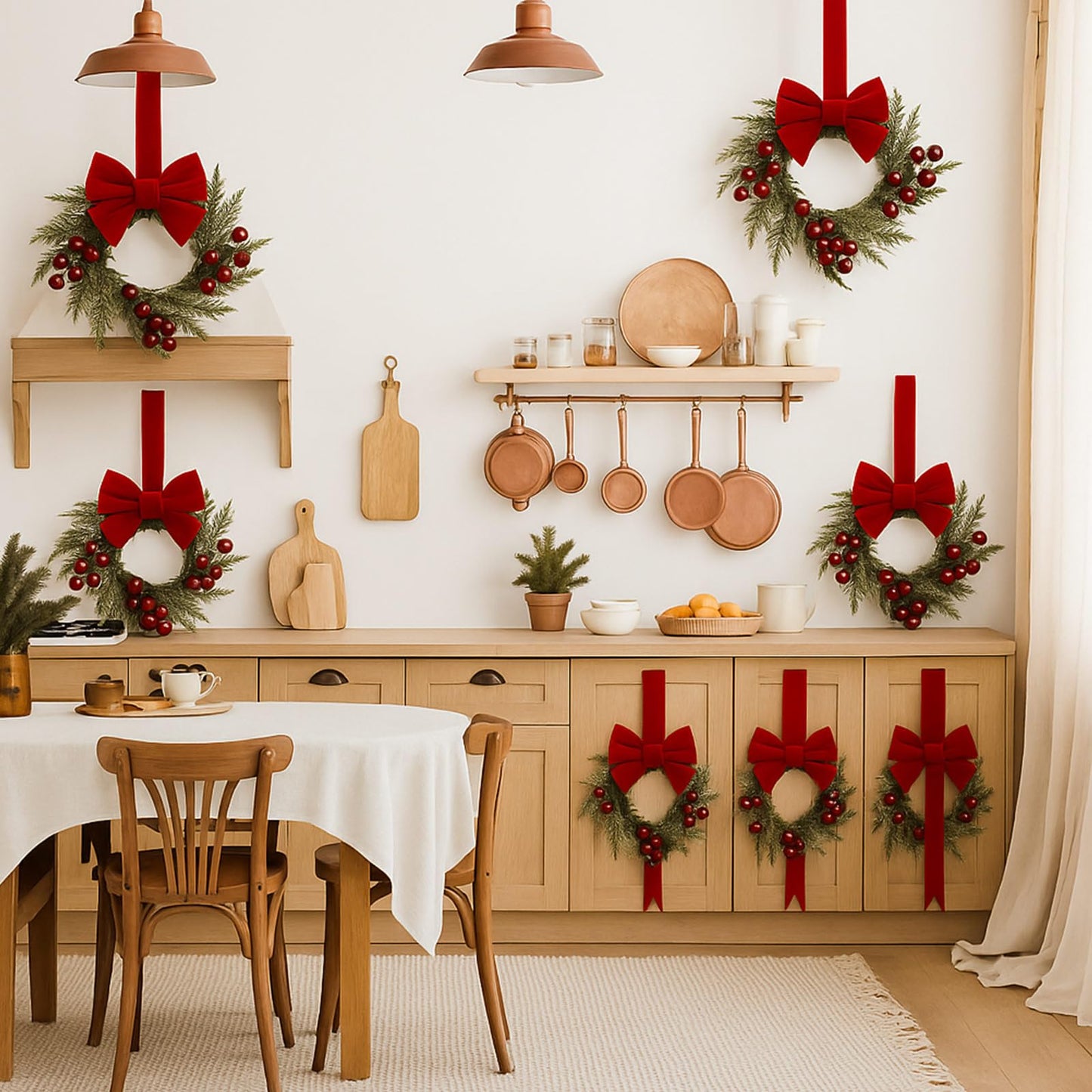 4 Pieces 8" Mini Christmas Wreaths - Small for Kitchen Cabinet/Window/Front Door, Artificial Red Berries & Pinecones, Christmas Candle Rings, Table/Farmhouse Decoration (No Ribbon)