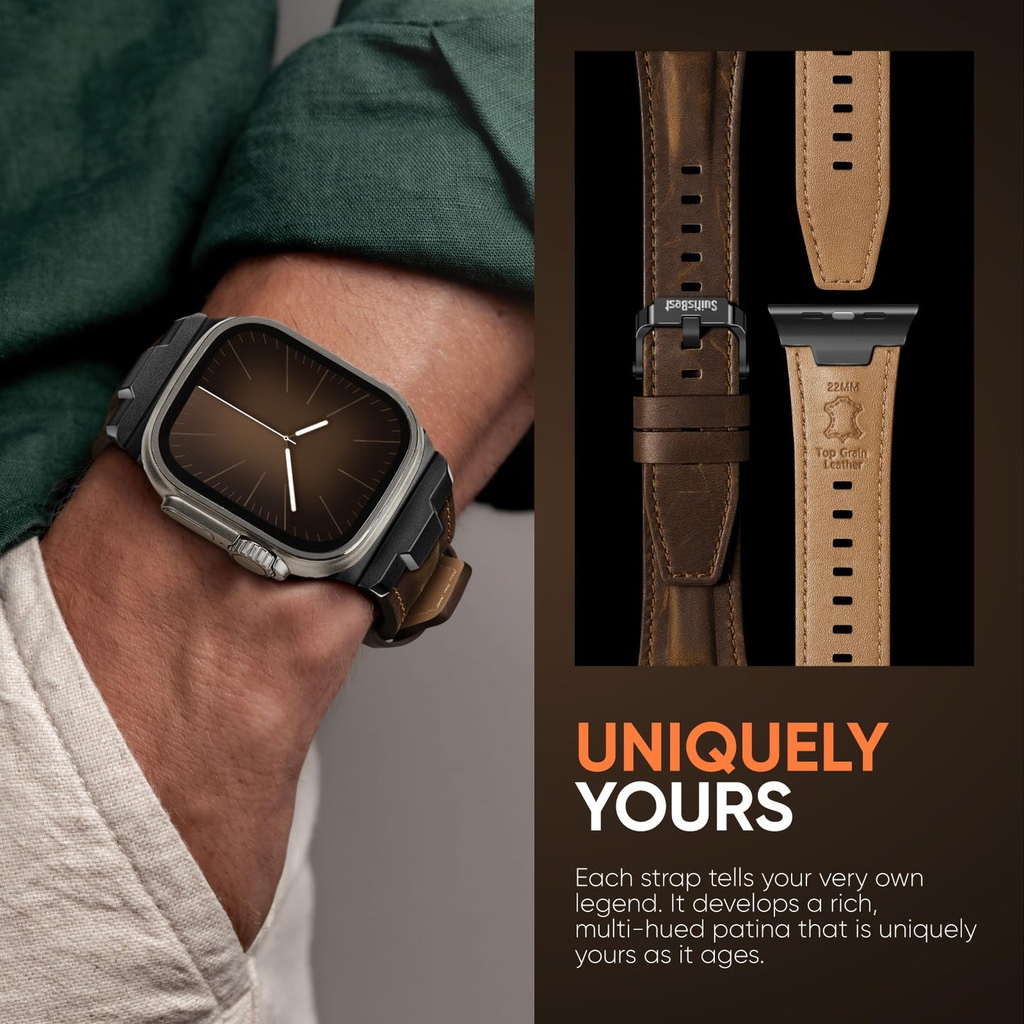 Suitisbest Leather Bands Compatible for Apple Watch Ultra Band 49mm 46mm 45mm 44mm 42mm, Genuine Leather Replacement Strap for iWatch Series 11 10 9 8 7 6 5 4 3 2 1, SE 3 2 1, Ultra 3 2 1