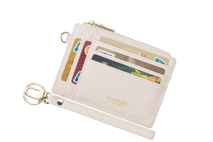 Women Slim Rfid Blocking Credit Card Case Holder Wristlet Zip ID Case Wallet Small Compact Leather Wallet Coin Purse with Keychain (Beige)