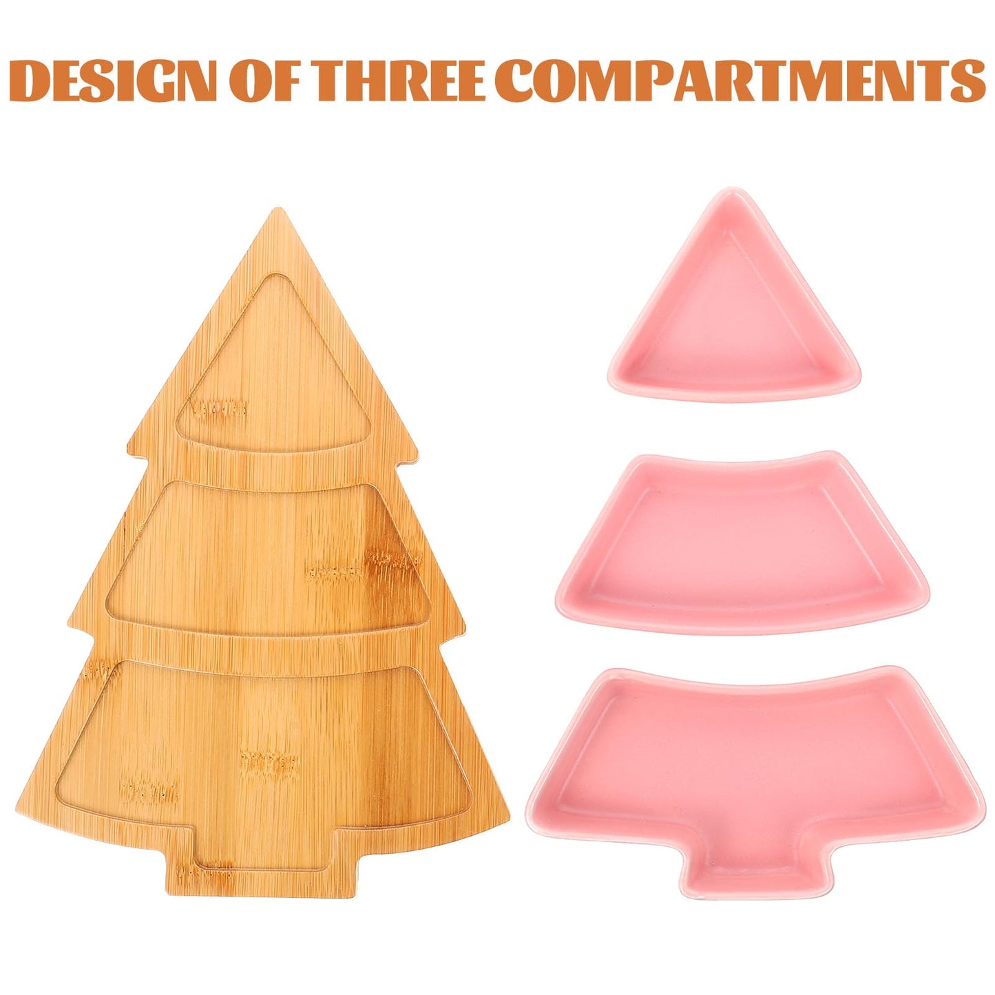 DOITOOL Christmas Tree Ceramic Dish with Wooden Tree Tray, 10.39 in Christmas Tree Shape Serving Tray Platter Set, Festive Tableware for Candy Snacks Fruit Cookie, Holiday Party Supplies (Pink)
