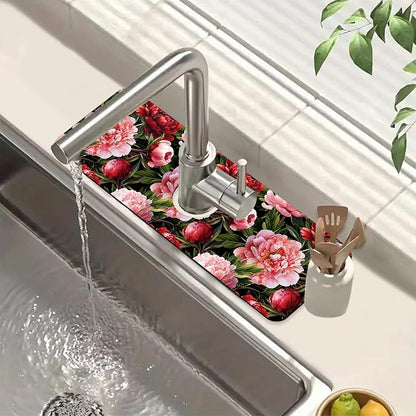Blooming Peony Kitchen Sink Splash Guard Faucet Mat Pink Peony Flowers Super
