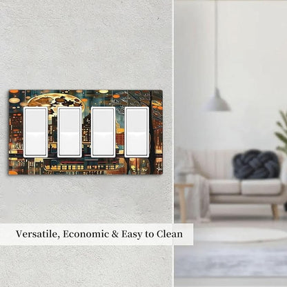 City Light Moon Bus Abstract Art Light Switch Cover 4 Gang Rocker Decora Outlet Covers Wall Plate Decorative Switchplate Electrical Faceplate GFCI for Farmhouse Living Bedroom Decor