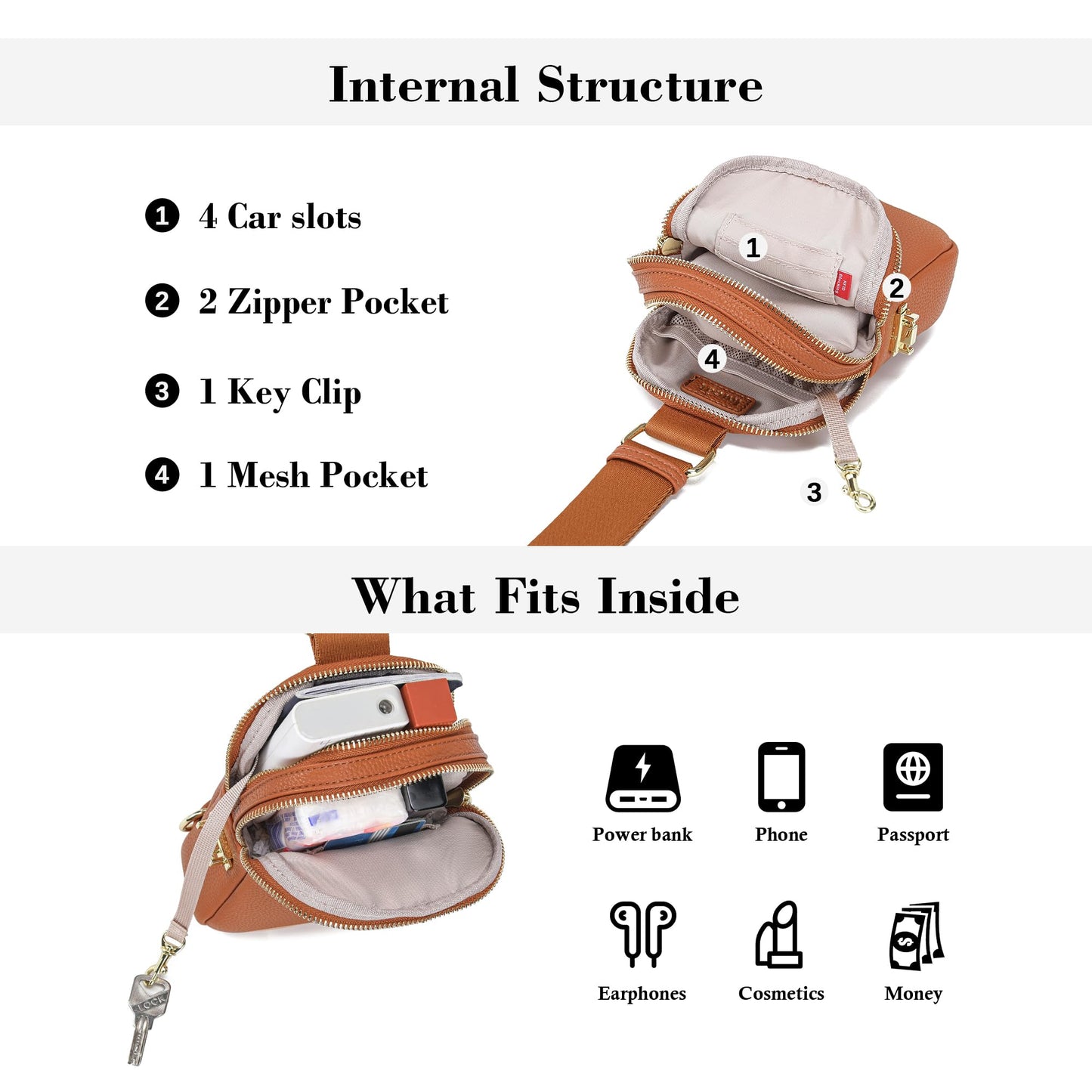 INICAT Anti Theft Crossbody Bag for Women, Small RFID Blocking Sling Purse with Zipper Lock for Travel, Vegan Leather(Brown)