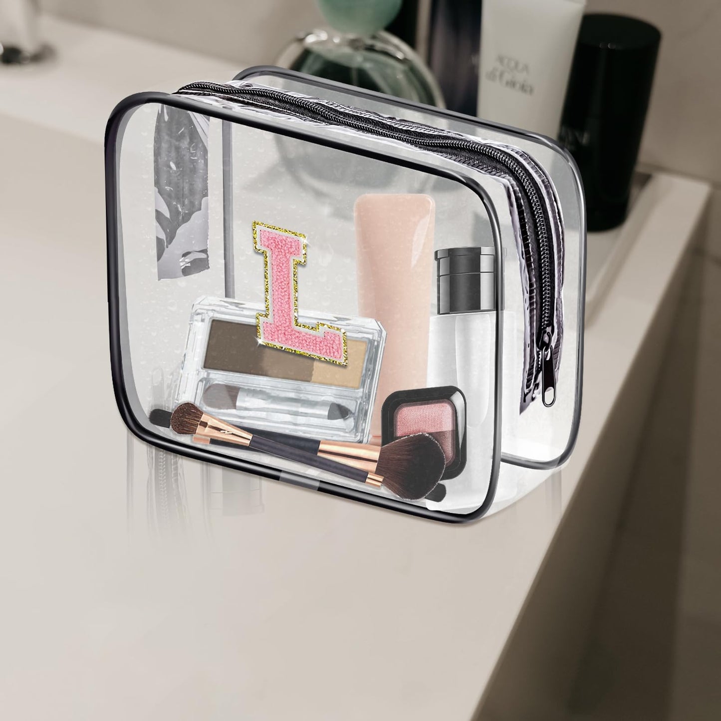 Fodofodo Clear Toiletry Bag,Portable Travel Toiletry Bag,Chenille Letter Cosmetic Bag with Zipper,Waterproof Makeup Bag,Cosmetic Storage Organizer for Women Men,Travel Essentials (Black,M)