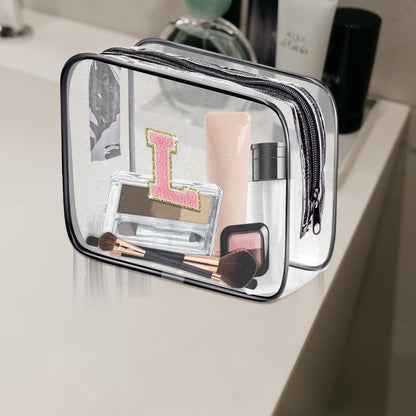 Fodofodo Clear Toiletry Bag,Portable Travel Toiletry Bag,Chenille Letter Cosmetic Bag with Zipper,Waterproof Makeup Bag,Cosmetic Storage Organizer for Women Men,Travel Essentials (Black,M)