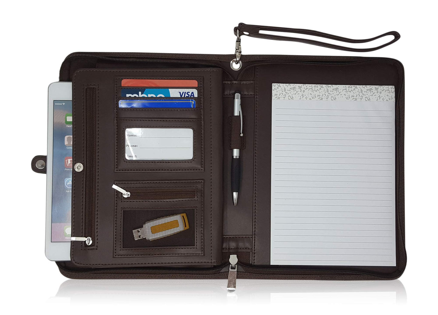 Zippered Portfolio Binder with Junior Legal 5x8 Notepad - Dark Brown PU Faux Leather Business Padfolio Organizer Folder with 8 Inch Tablet Sleeve & Gift Box by Lautus Designs