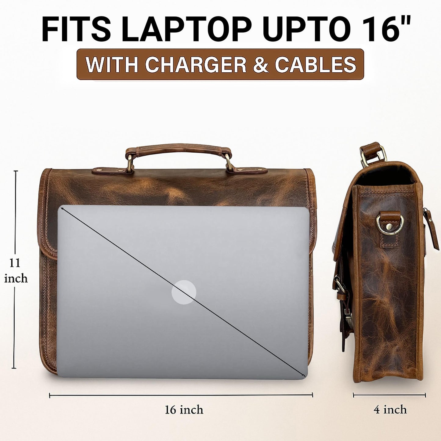 RUSTIC TOWN Leather Messenger Bag for Men - Full Grain Leather Briefcase Laptop Satchel Office Crossbody Travel Bag (16 Inch, Brown)
