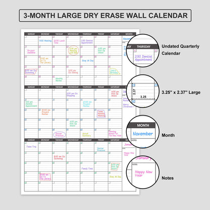 Large Dry Erase Calendar for Wall,3 Month Vertical Wall Calendar, Blank Reusable Monthly Quarterly Calendar Planner Undated, 27.8"x41" Whiteboard Calendar, Office, Classroom