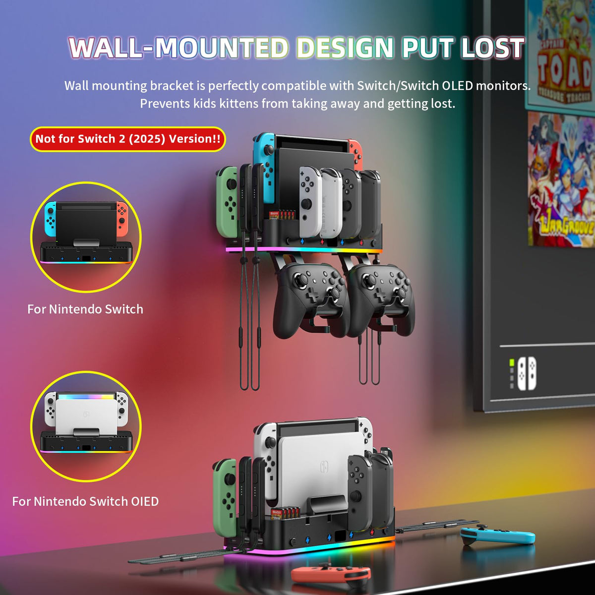 RGB Switch Wall Mount for Joy-Con Charger, Switch Holder for Nintendo Switch 1/ OLED with Switch Organizer, Switch Accessories with 15 Light Mode, 4 Controller Charger, 2 USB Port, 10 Card Slot