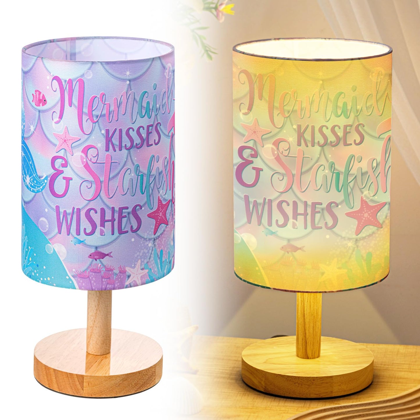 Tujoe Mermaid Lamps Summer Ocean Fabric Nightstand Table Lamp Purple Desk Lamp Bedside Gift Decor for Kids Reading Bedroom Living Room Home Christmas Gift
