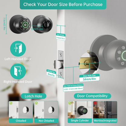 Fingerprint Door Lock - Smart Door Knob, Biometric Door Lock with Keypad Passcode Door Handle for Bedroom Home Office (Black)