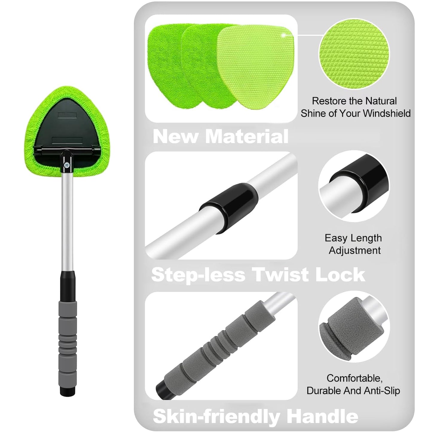 XINDELL Windshield Cleaner Tool – Upgrade Large Head Car Interior&Exterior Window Cleaning Kit with Extendable Handle & 4 Microfiber Pads, Auto Wiper Brush for Car, Trucks, SUVs, RVs & Home Windows