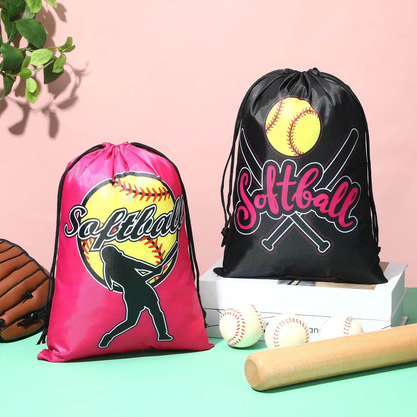 Kingdder 12 Pcs Softball Drawstring Party Favor Bags Softball Treat Bags Baseball Gift Bag for Baseball Party(Pink)