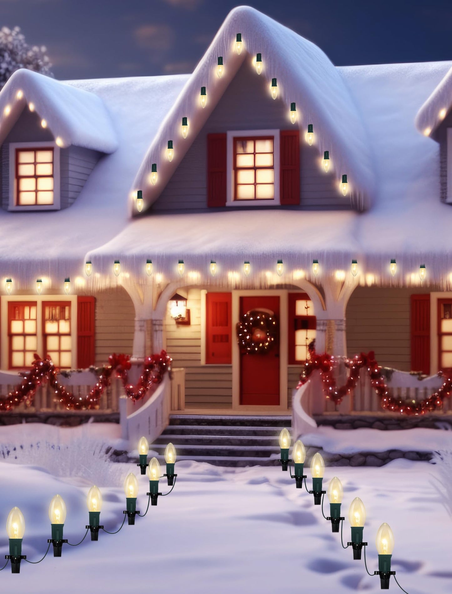 C9 Christmas Pathway Lights, 38 Feet Outdoor String Lights with 25 Bulbs and Marker Stakes, Waterproof Connectable Christmas Walkway Markers Light for Outside Driveway Yard Porch Garden Patio