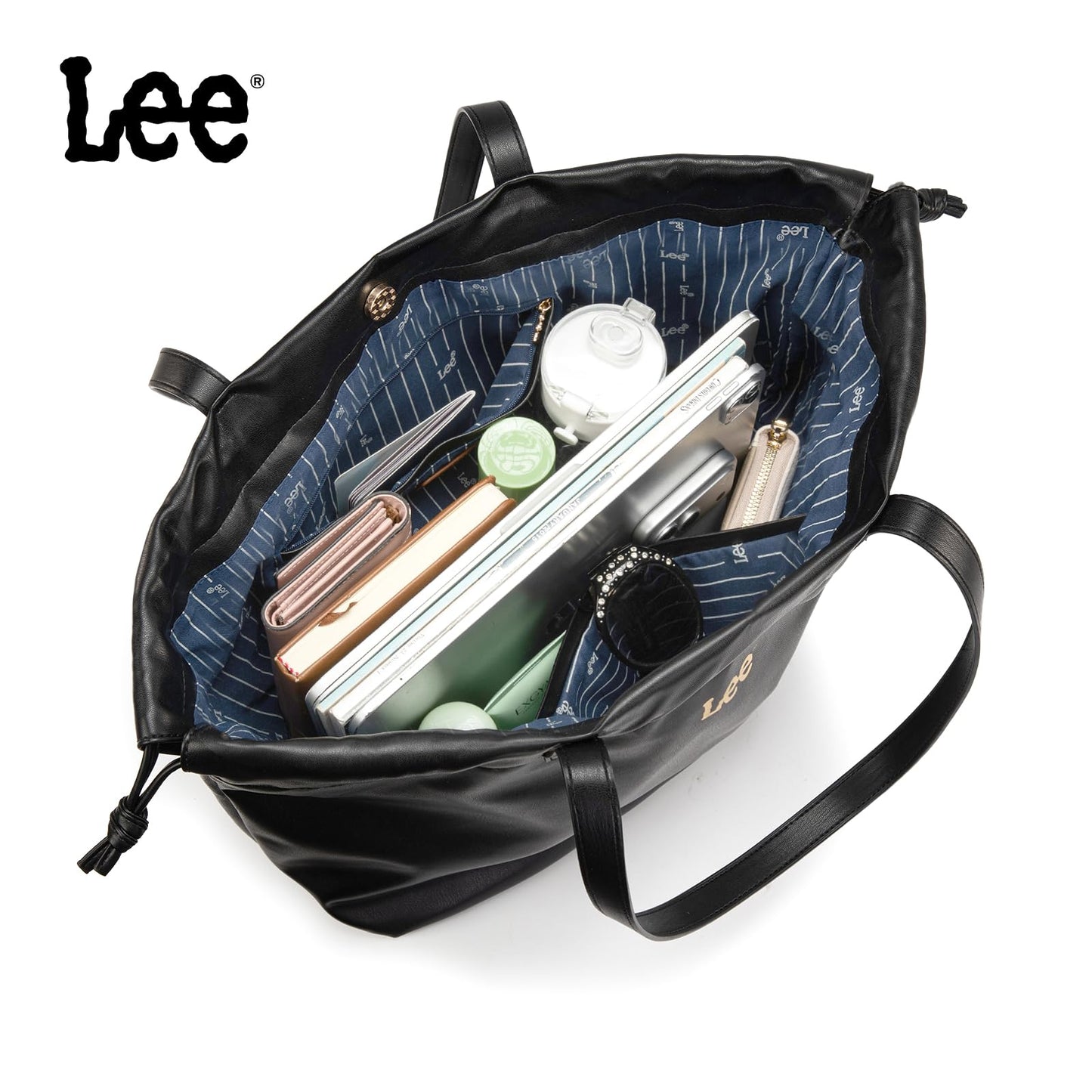 Lee Leather Tote Bag for Women, Spacious Vegan Leather Shoulder Bag & Handbag with Drawstring Closure, Durable Shoulder Straps, Large Capacity Work & Travel Purse, LEE73-001BK