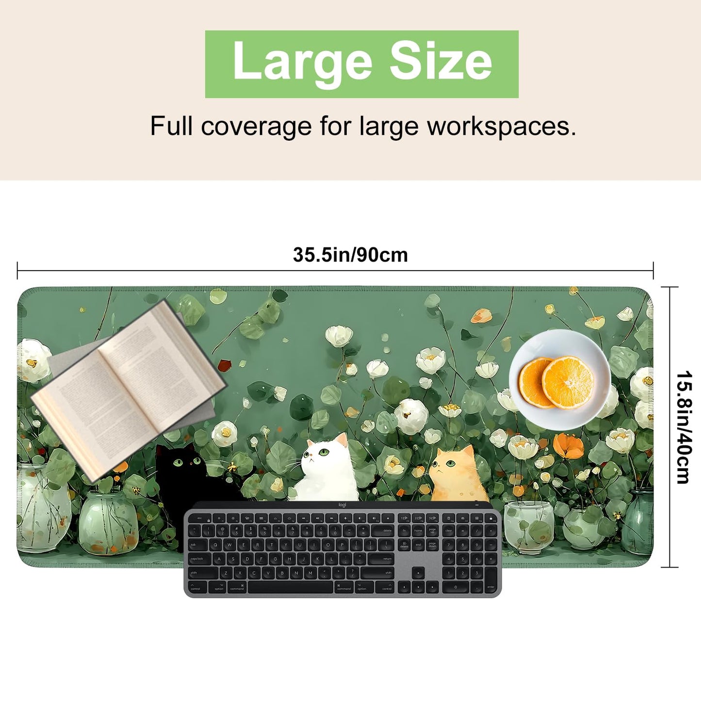 Desk Mat, XXL Extended Gaming Pad for Desktop, 31x12 Inches Floral Cats Three Kittens with Flowers, Large Non-Slip Vegan Leather Surface with Stitched Edges, Keyboard Mouse Mat for Home Office