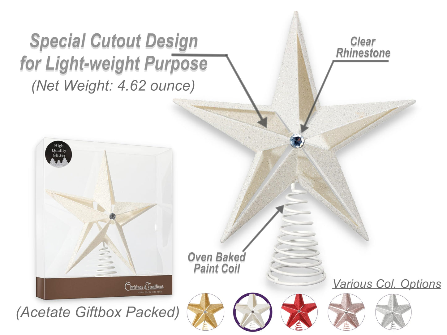 Christmas Traditions 10 inch Glittered Large Filigree Christmas Star Tree Topper Star for Large Tree 6 feet-8 feet Tall/Home Decor Ornaments (Platinum White)