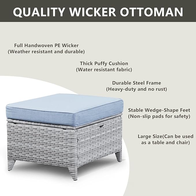 Patio Furniture Swivel Chairs Set - 5 Piece Rattan Wicker Outdoor Sectional Conversation Sets with 2 Swivel Rocking Chairs,2 Ottomans and 1 Side Table for Porch Deck Garden(Light Grey/Sky Blue)