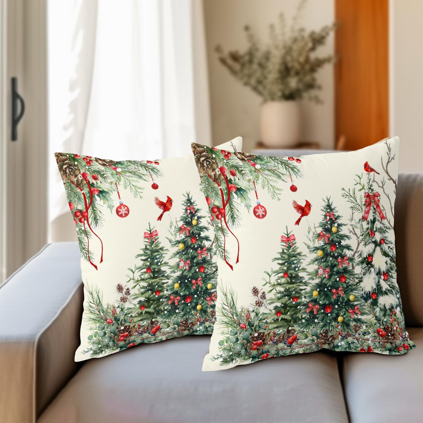 Christmas Pillow Covers 24x24 Inch Set of 2 Rustic Christmas Tree Decorative Outdoor Throw Pillows Winter Green Square Cotton Linen Cushion Case for Sofa Bed Couch Indoor Home Christmas Decor