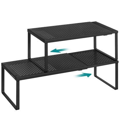 SONGMICS Set of 2 Expandable Pantry Kitchen Organizers, Adjustable Spice Rack, Stackable Cabinet Organizers, Metal, Space-Saving Tabletop Shelves, Matte Black UKCS402B01