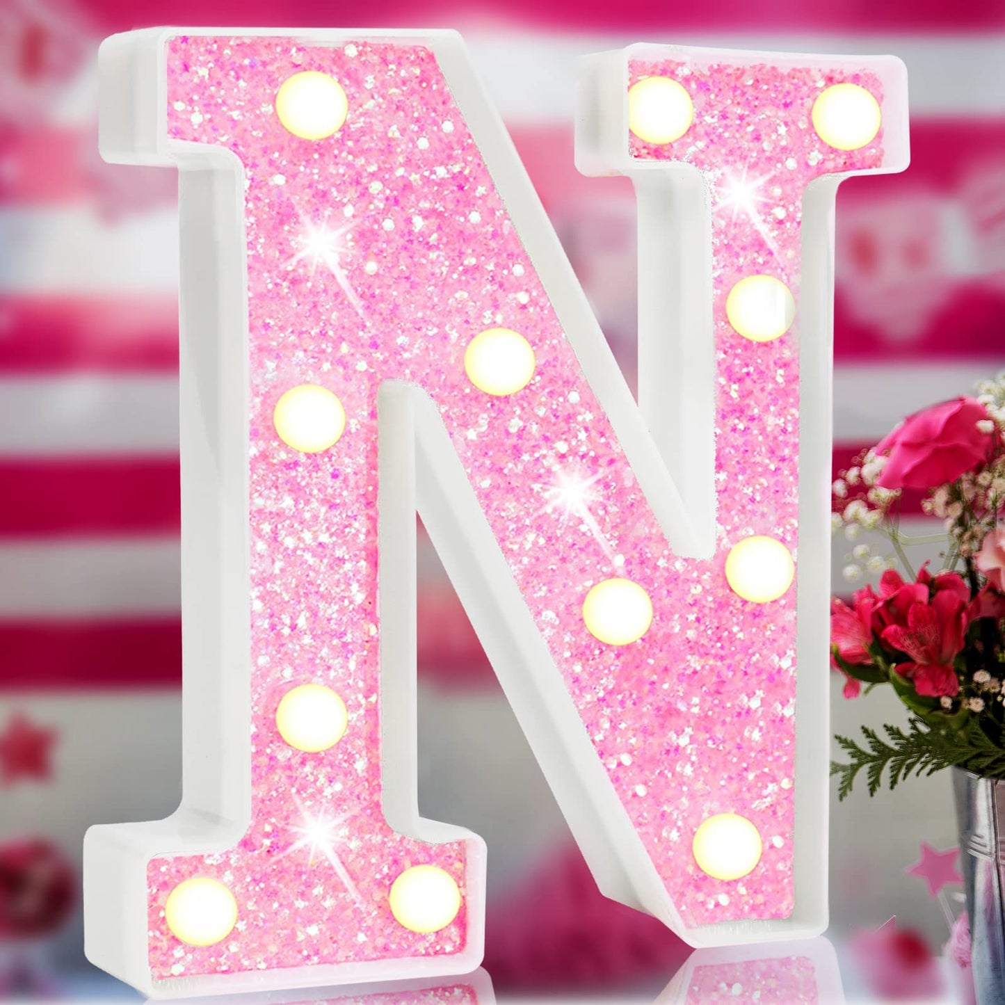 Pink Light Up Letters, Glitter Alphabet Letter Sign LED Marquee Letter Lights Battery Powered for Night Light Girls Bedroom Birthday Party Wedding Home Christmas Decorations Gift for Her-Pink N