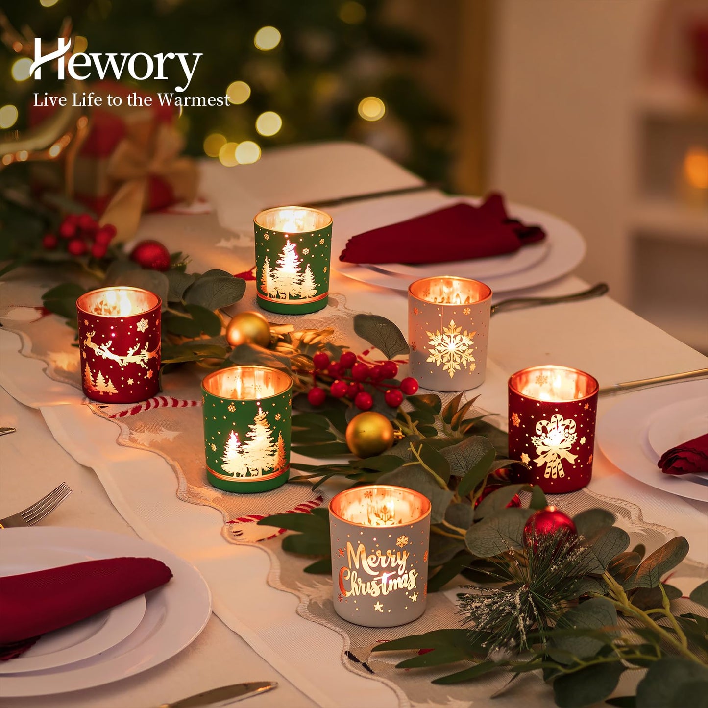 Hewory Christmas Votive Candle Holders: Christmas Tea Light Candle Holder Set of 6, Cylinder Glass Candle Holders Centerpiece Christmas Decorations Indoor Home Decor for Table Fireplace Holiday Party