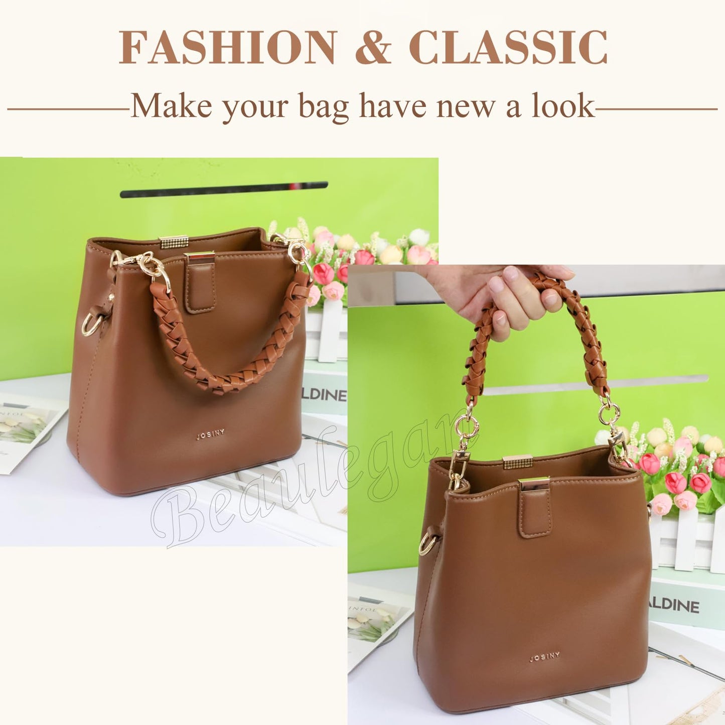 BEAULEGAN Chunky Leather Braided Purse Handle Adjustable- Short Strap Replacement for Handbag 12 Inch(Brown)