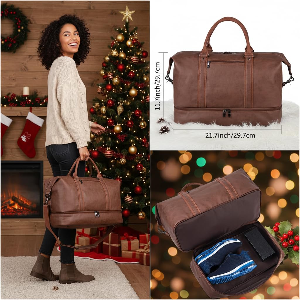Leather Travel Bag with Shoe Pouch,Weekender Overnight Bag Waterproof PU Leather Large Carry On Bag Travel Tote Duffel Bag for Men or Women-Brown