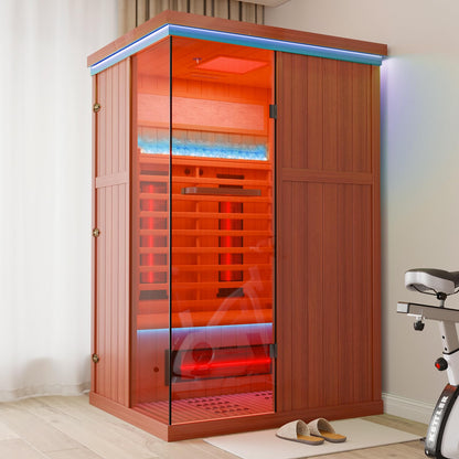 MEISSALIVVE Full Spectrum Sauna for Home, 2 Person Indoor Infrared SPA Room with 10 Minutes Warm-up Heat, Red Cedar Home Sauna Infrared Sauna with Bluetooth and Tempered Glass
