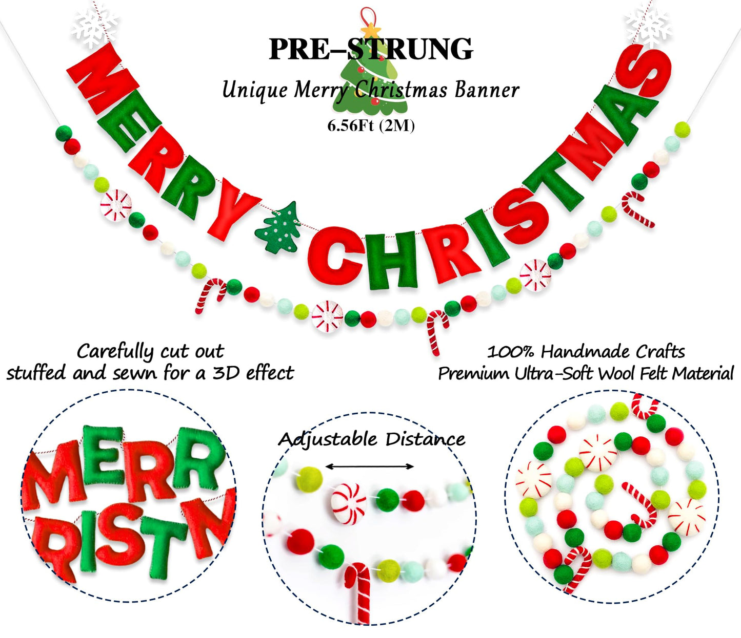 Unique Merry Christmas Felt Banner with Peppermints Candy Cane, Handmade Felt Ball Christmas Garland,Holiday Party Supplies for Xmas Tree Wreath Mantel Fireplace Wall Home Modern Christmas Decorations