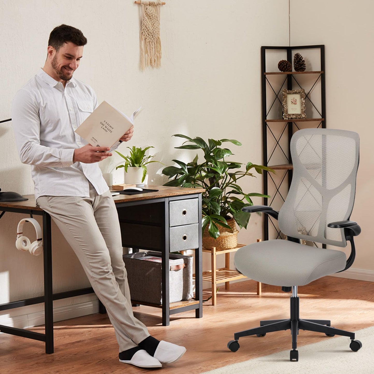 Sweetcrispy High Back Office Chair - Ergonomic Computer Gaming Mesh Chairs with Lumbar Support, with Soft Flip Up Arms, Adjustable Height and 360° Wheels, 120° Tilt, Grey