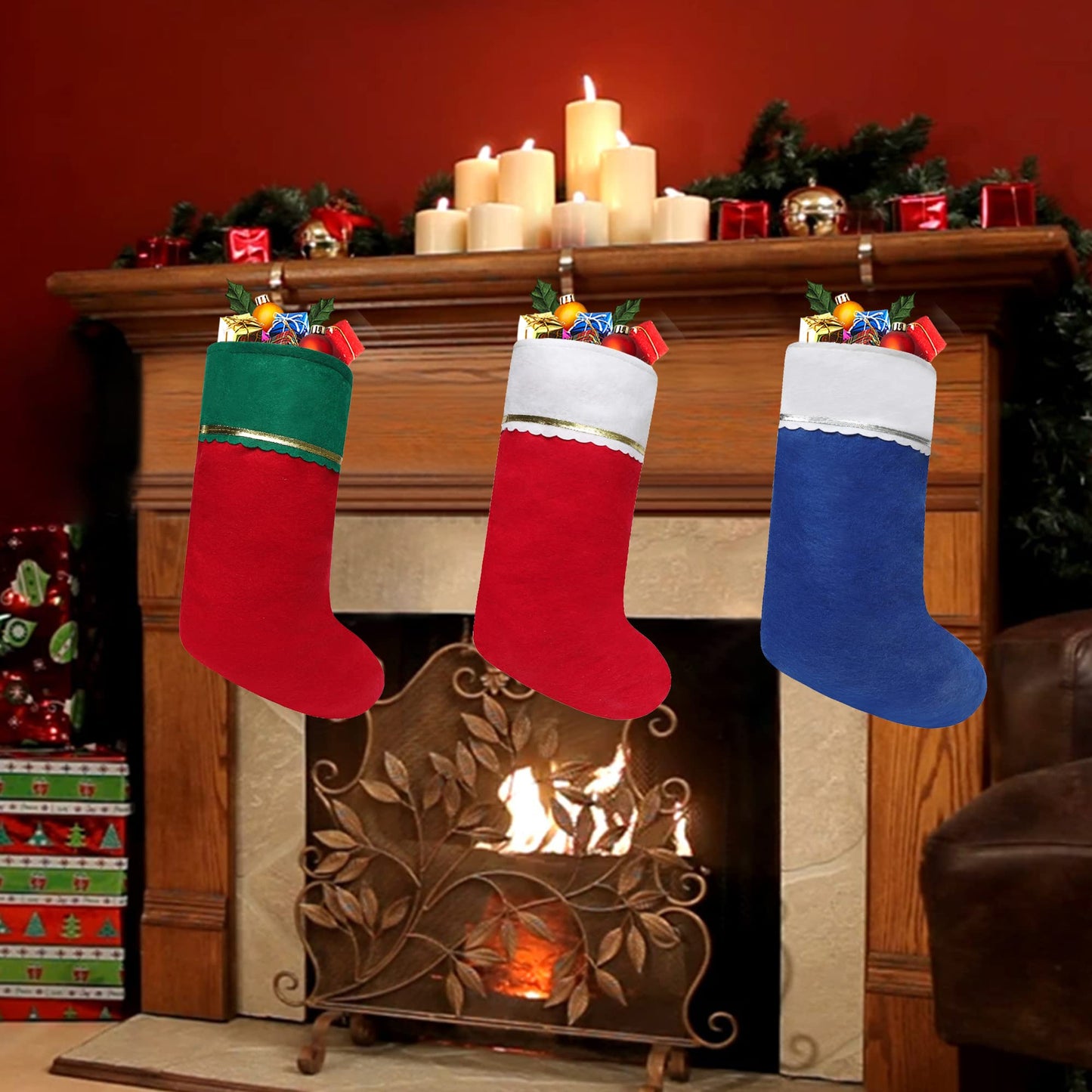 Tokforty 12 Pack Felt Christmas Stockings, 19 Inches Red and White Christmas Stockings Hanging Ornaments, White Cuff with Gold Trim Christmas Stockings for Family Christmas Holiday Decorations