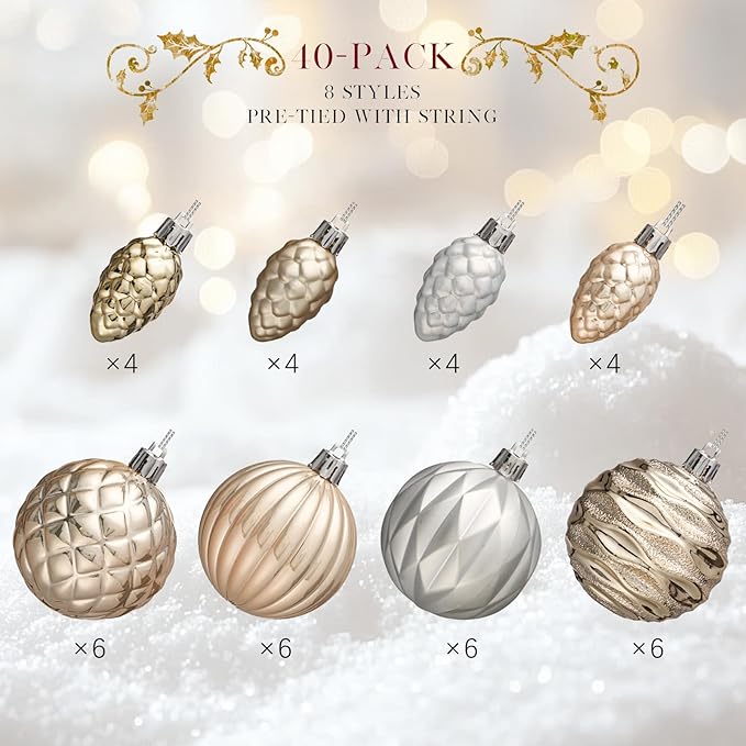 JORNOY Christmas Tree Ornaments - 2.36inch/60mm Shatterproof Ornaments for Christmas Tree Set Plastic Decorative Hanging Balls Ornaments for Xmas Tree Decorations, 40ct (Champagne)