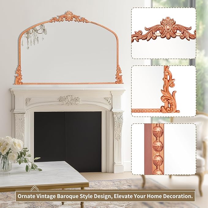 Growsun Arched Mirror, 40’’x30’’ Antique Baroque Traditional Ornate Wall Mirror Decor with Full Metal Frame for Fireplace/Entryway/Living Room/Bathroom