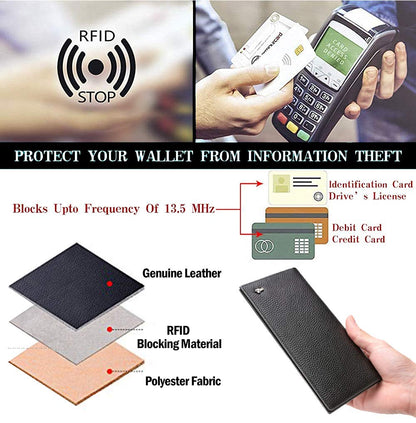 BISON DENIM RFID Bifold Wallets Slim Credit Card Wallet Real Leather Mens Long Wallet with Zipper Coin Pocket