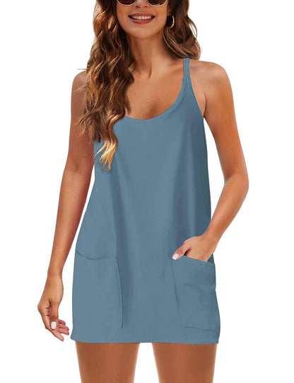 Lentta Womens Athletic Sleeveless Mini Dress with Built-in Shorts V Neck Spaghetti Strap Sundress(Bluegrey-XL)