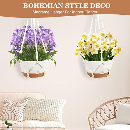 3 Pack Hanging Planters for Indoor Plants, 10 + 10 + 8 Inch Self-Watering Hanging Plant Pot, Macrame Plant Hanger with Pot, Ceiling Hooks, Removable Saucer and Drainage Holes for Garden Home - White