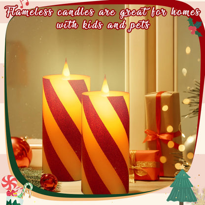 Retisee 2 Pcs Stripe Flameless Pillar Candles with Remote Timer Candle Striped Flickering LED Real Wax Battery Operated Fake Candle Glitter Stripe Pillar for Home Decor(3" X 6",Red)