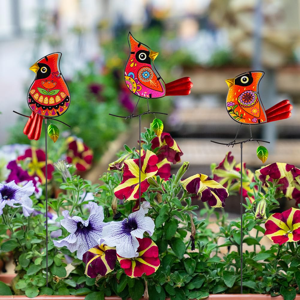 SATHGA Decorative Garden Stakes,Set of 3 Cardinal Stained Glass Metal Yard Art,Waterproof Outdoor Decor Housewarming Present for Women Mom Grandma