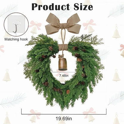 Christmas Wreath for Front Door, Heart-Shaped Holiday Wreath with Bell & Real Pine Cones, Artificial Green Leaves for Indoor & Outdoor Wall Decor, Garden Party Decoration (20 inches)