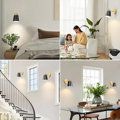 2 Pack Black and Gold Wireless Battery Operated Wall Sconces, Dimmable Battery Powered Wall Decor Set of 2, Cordless Wall Light Lamp with Remote Control for Bedroom Living Room