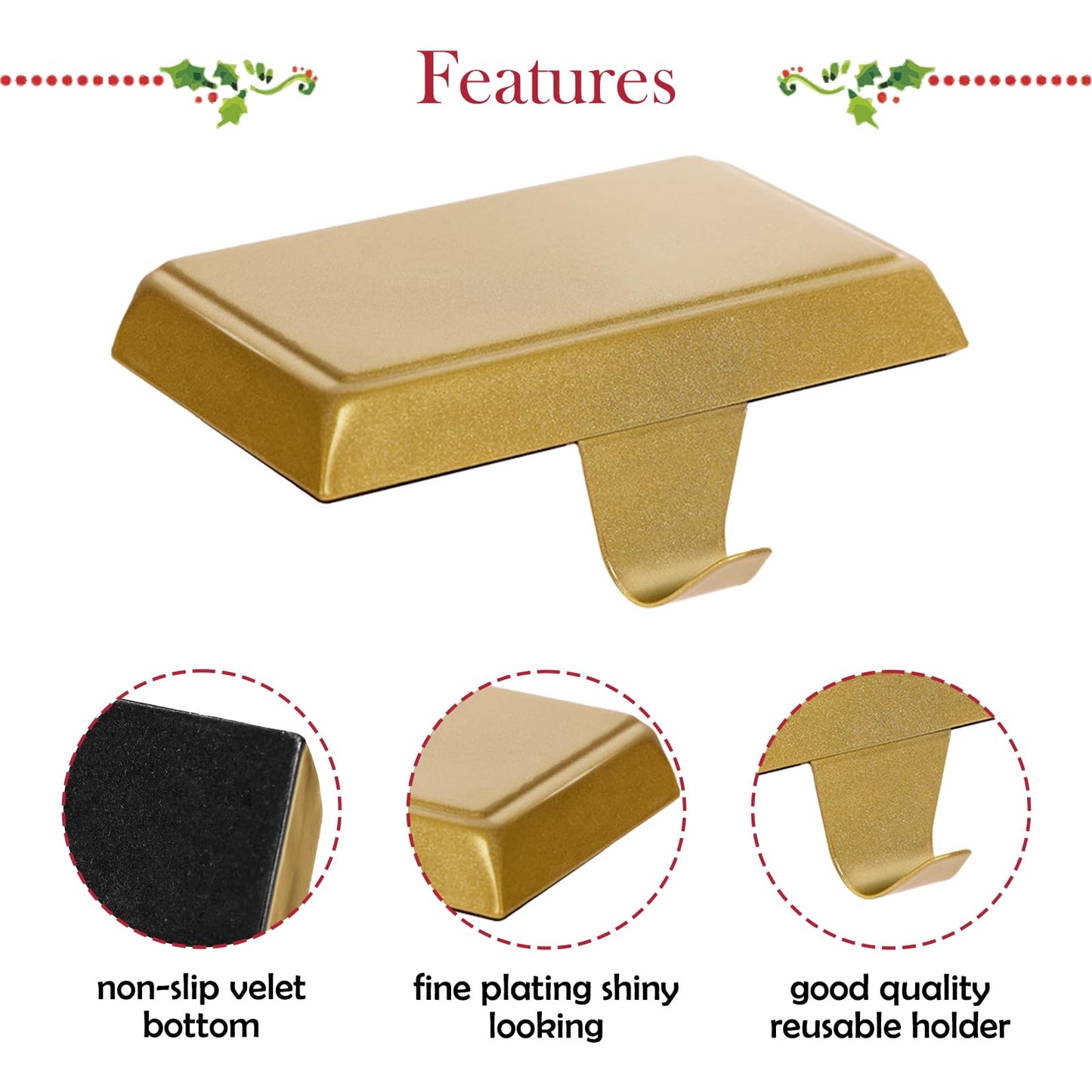 guccde Christmas Stocking Holders, Mantel Christmas Stocking Hangers, Metal Weighted Hooks for Hanging Christmas Stockings, Fireplace Xmas Holiday Decoration（Golden of 4）